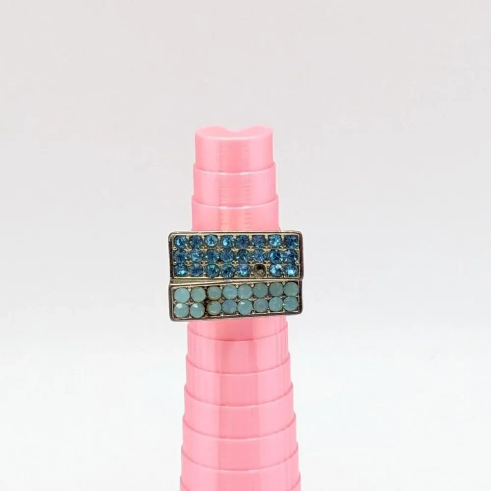 Vintage Blue Rhinestone Cocktail Ring Gold Tone Double Row Statement 6.5 READ